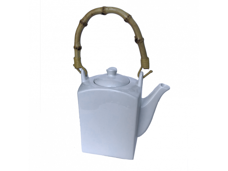 Bule de porcelana com alça de bambu decorativo