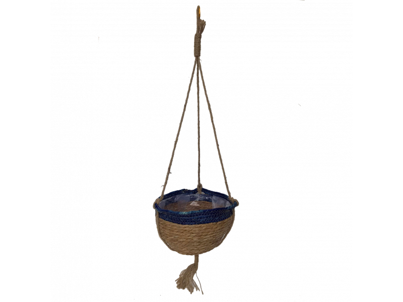 Cesto de palha com corda detalhe azul decorativo