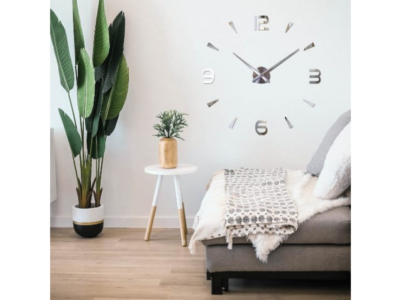 Relógio decorativo adesivo prata 3D de parede 