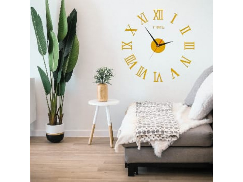 Relógio decorativo adesivo dourado 3D de parede 