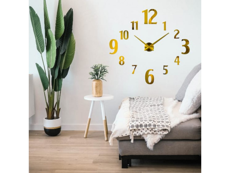 Relógio decorativo adesivo dourado 3D de parede 
