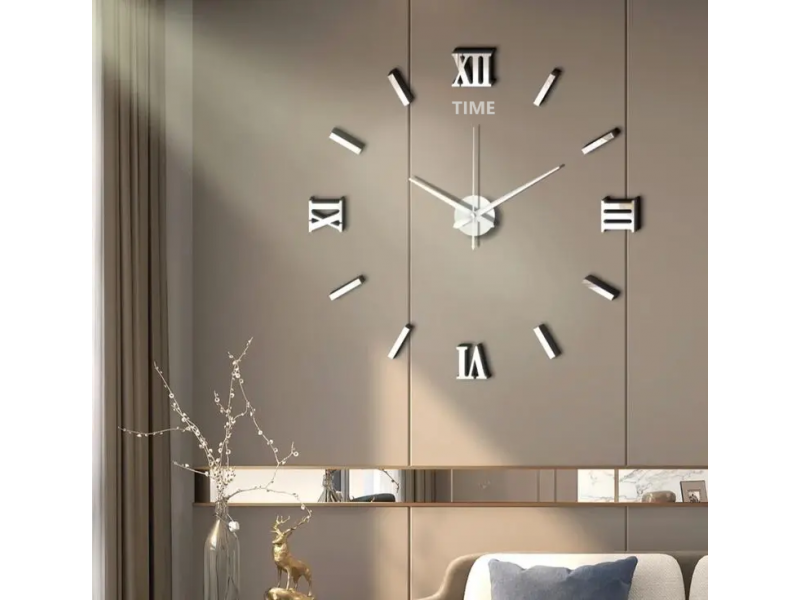 Relógio decorativo adesivo prata 3D de parede 
