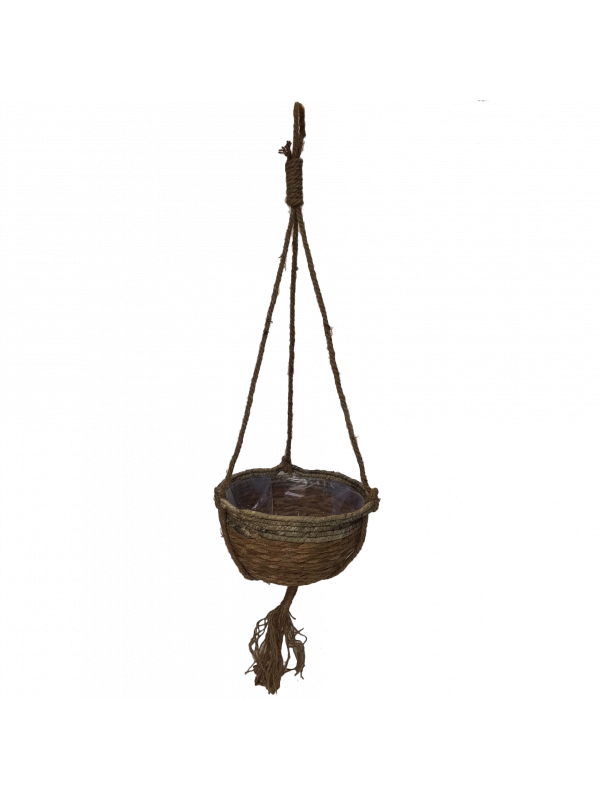 Cesto de palha com corda detalhe cinza decorativo