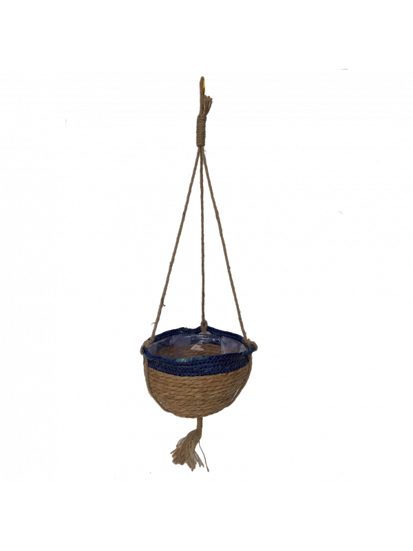 Cesto de palha com corda detalhe azul decorativo