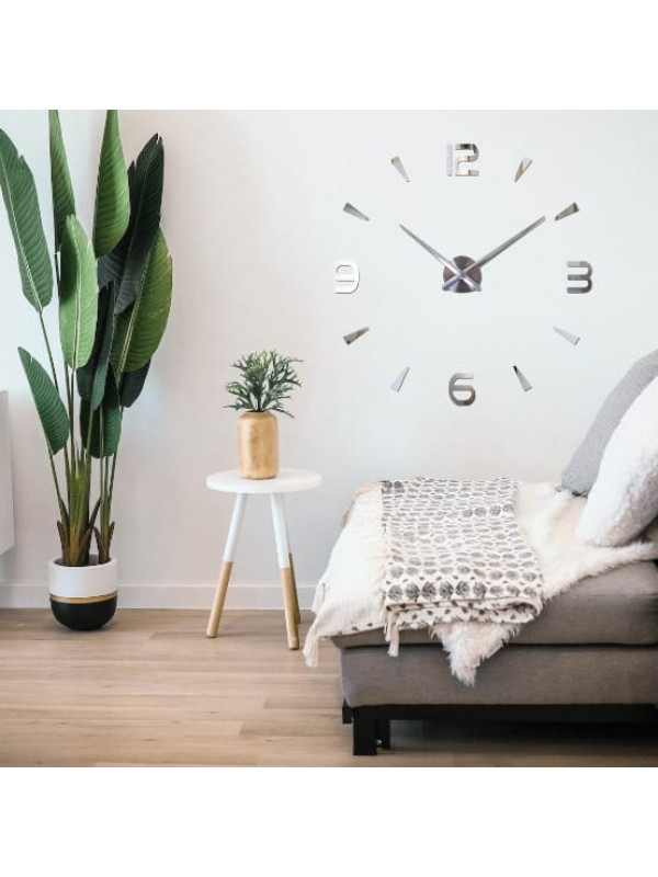 Relógio decorativo adesivo prata 3D de parede 
