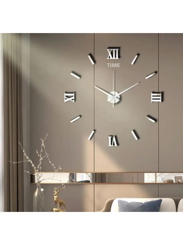 Relógio decorativo adesivo prata 3D de parede 